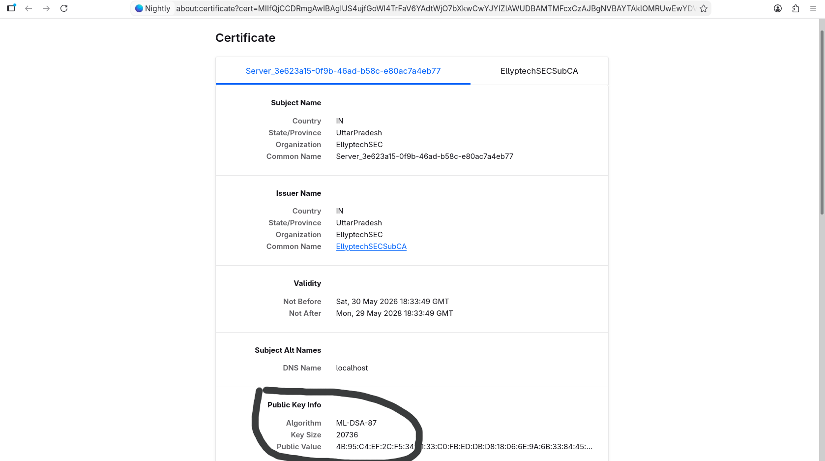 Firefox's native certificate viewer displaying an EllyptechSEC-issued certificate signed with ML-DSA-87